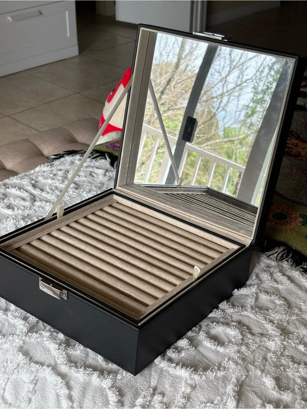 Leather Jewelry Box with Built-In Mirror - Black and Beige